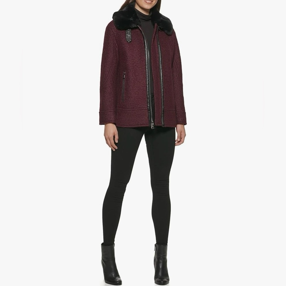 NWT Kenneth Cole wool faux fur collar burgundy women’s coat size large.